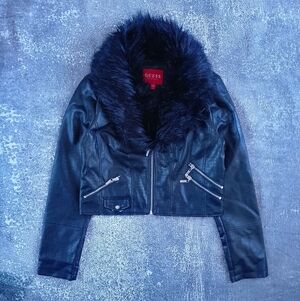 GUESS Black Faux Leather Jacket with Faux Fur Collar
